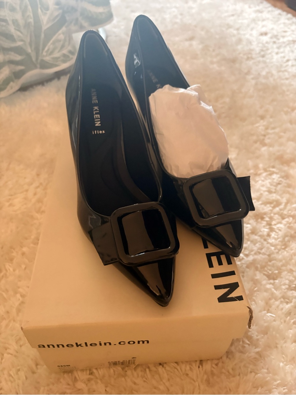 Anne Klein Black Patent Pointed Toe Block Heel with Decorative Buckle